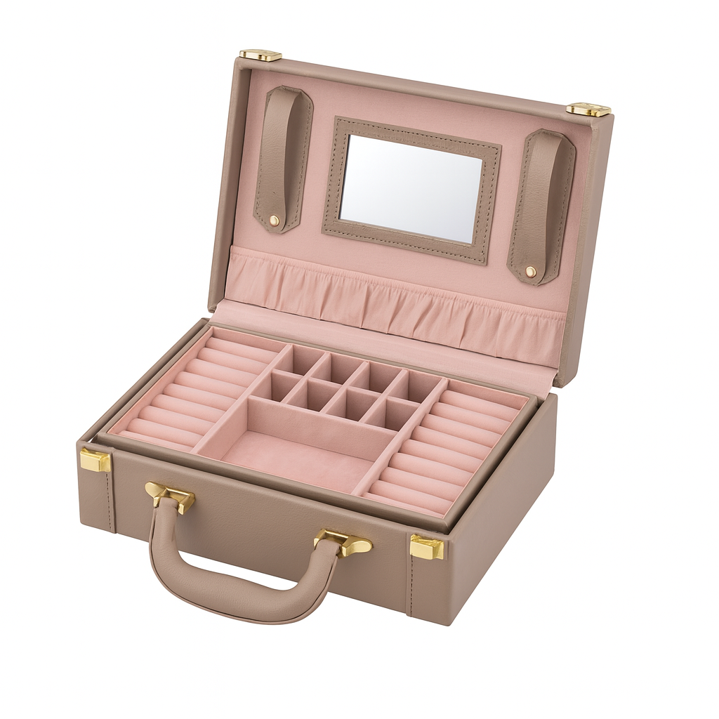 Featuring padded roll slots and a padded panel, this streamlined leather jewelry box is perfect for storing rings and earrings, perfect for display or gifting.