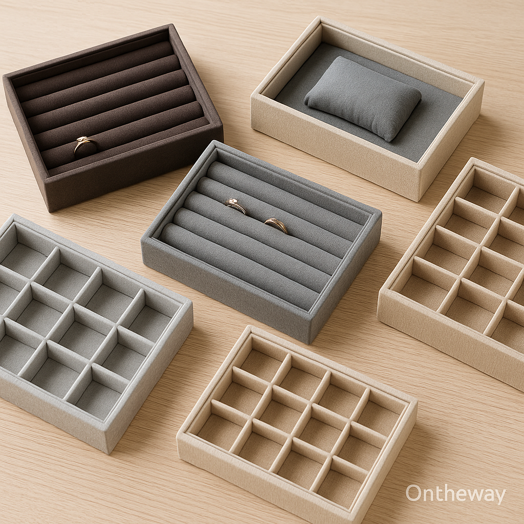 A photograph displays five stackable jewelry trays in various styles—including ring slot trays, grid trays, and a bracelet pillow tray—made with velvet and linen materials in beige, gray, and brown tones, arranged neatly on a light wooden surface with a subtle Ontheway watermark.