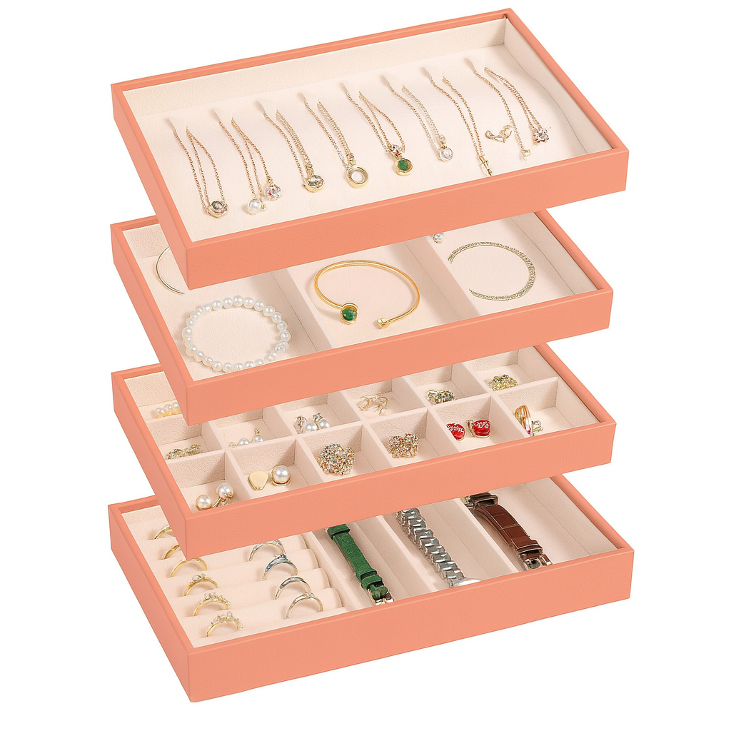 Stackable leather jewelry storage trays – allowing for flexible stacking configurations to accommodate an expanding collection.