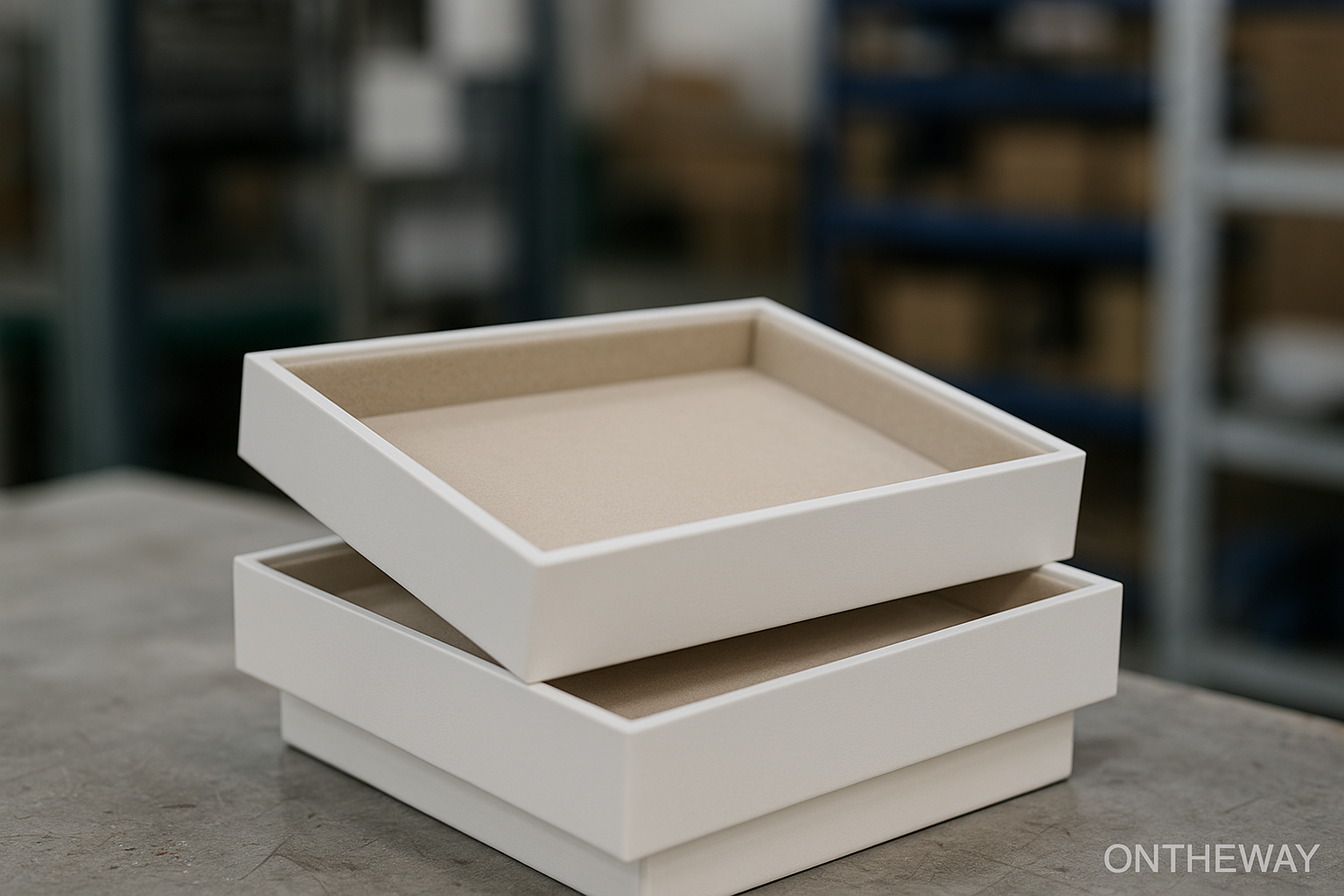 A photograph of two white jewelry box trays stacked on a factory worktable, featuring beige velvet interiors and clean structural edges. The blurred workshop shelves and production equipment in the background highlight the final finishing stage of jewelry tray manufacturing. A subtle ONTHEWAY watermark appears in the bottom right corner.