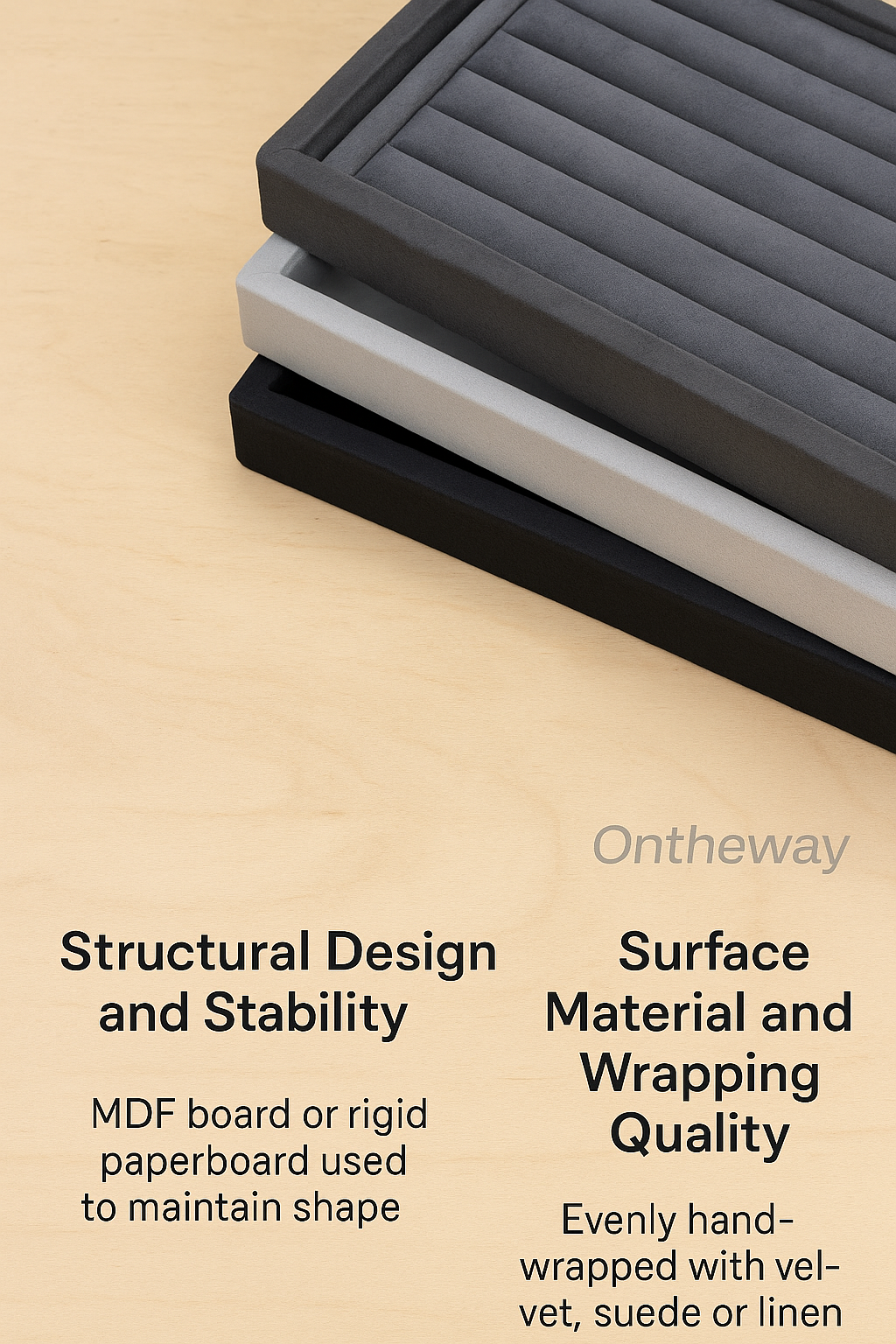 A digital photograph displays a stack of jewelry trays in dark gray, light gray, and black, highlighting their structural design and hand-wrapped surface materials on a wooden background with a subtle Ontheway watermark.