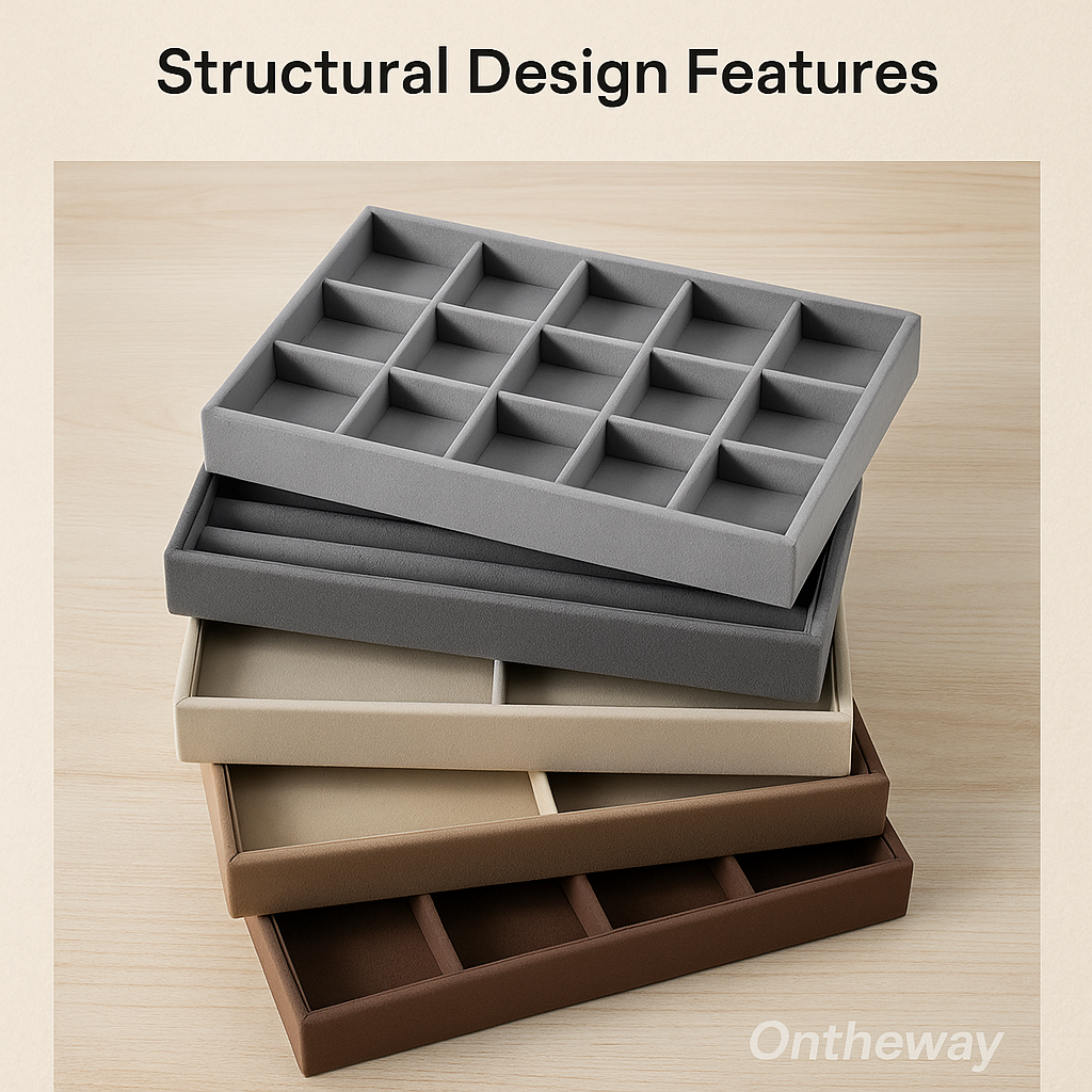 A photograph displays a stack of four wholesale stackable jewelry trays in gray, dark gray, beige, and brown, showcasing different internal layouts including multi-grid compartments and open sections, arranged neatly on a light wooden surface with a subtle Ontheway watermark.