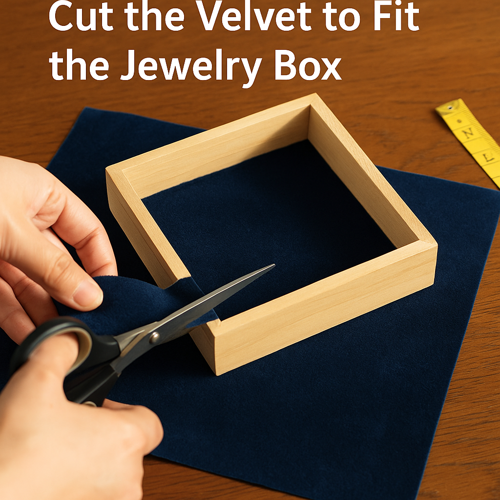 A warm studio scene showing scissors trimming navy velvet beside a wooden jewelry box, with a ruler and tape measure on a wooden table under soft daylight, illustrating essential tools and materials for velvet jewelry box lining.