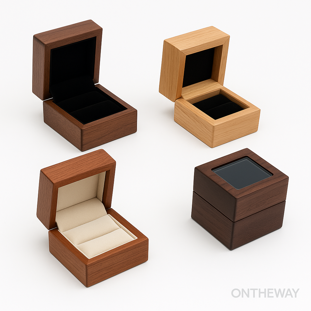 Assorted wooden ring boxes in walnut, cherry, light oak, and dark wood finishes, featuring hinged, sliding, velvet-lined, and transparent-top designs for wholesale jewelry packaging.