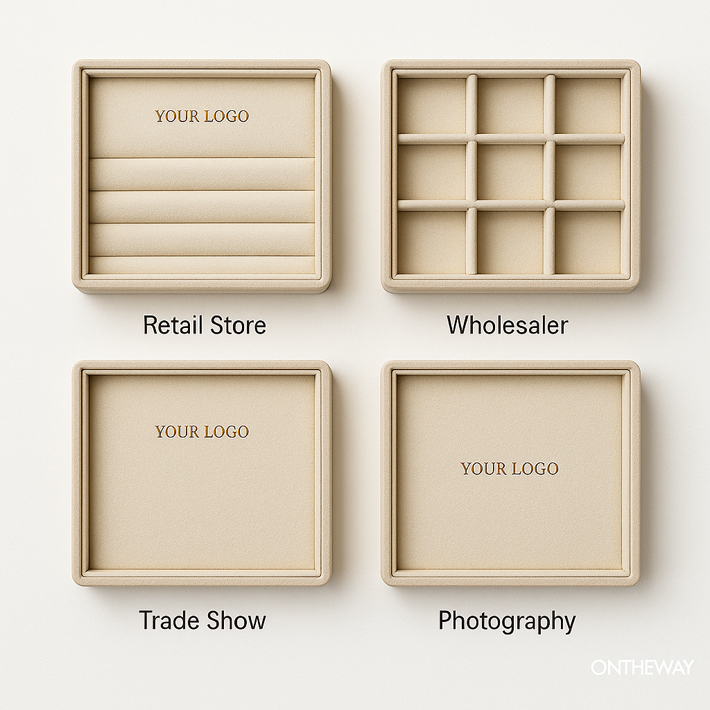A set of four custom jewelry trays with logo, each designed for a different usage scenario—retail store, wholesaler display, trade show presentation, and photography setup. The trays feature beige velvet interiors and a subtle gold-foil logo, with a transparent ONTHEWAY watermark placed at the bottom right.