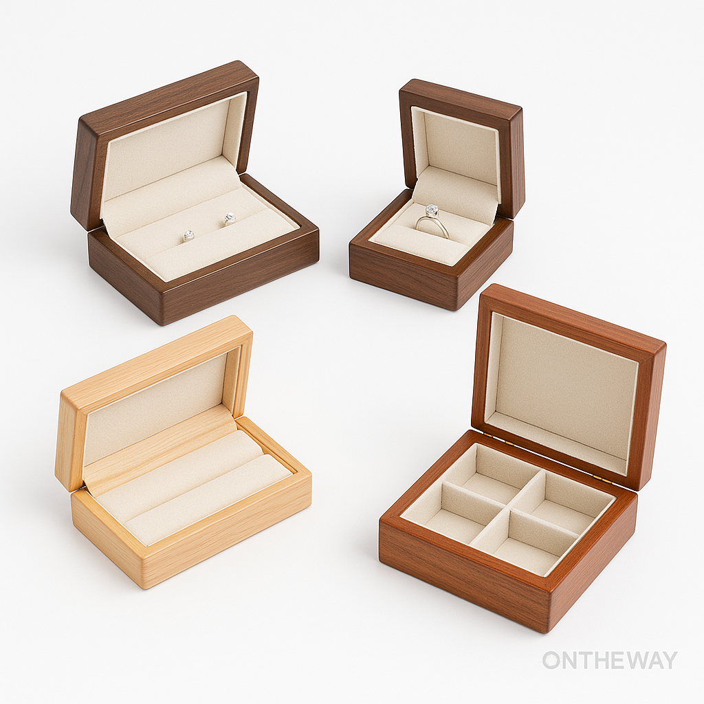 Custom wooden jewelry boxes for retail packaging, gift sets, jewelry collections, and e-commerce presentation.