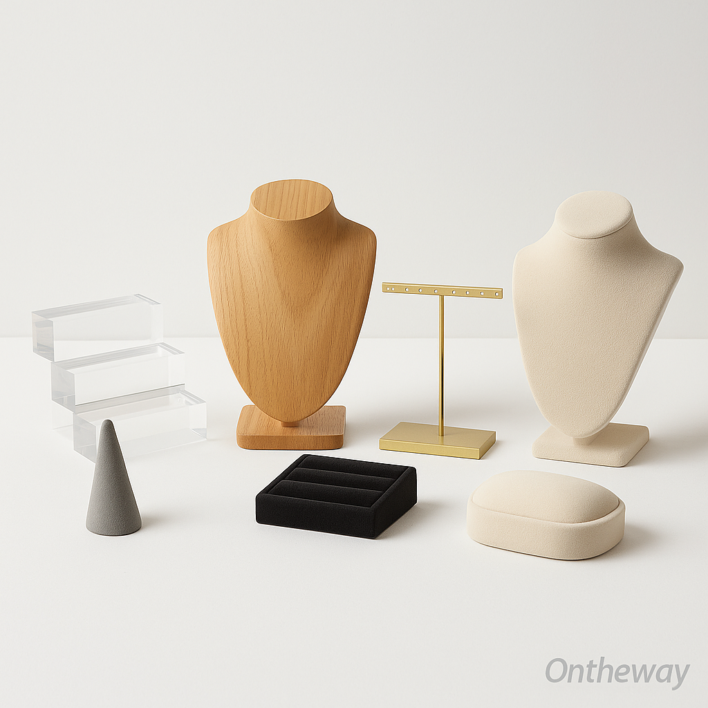 A digital photograph displays a variety of jewelry display stands including wooden necklace busts, acrylic risers, a gold earring holder, and velvet trays arranged on a white background with a subtle Ontheway watermark, showing elegant and diverse designs.
