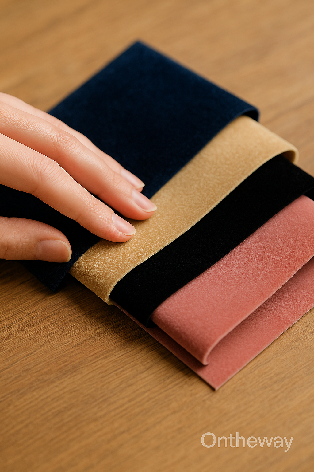 A close-up of a hand touching velvet fabrics in navy blue, champagne, black, and rose pink on a wooden surface under warm natural light with a subtle Ontheway watermark, showcasing luxury material textures for jewelry box interiors.