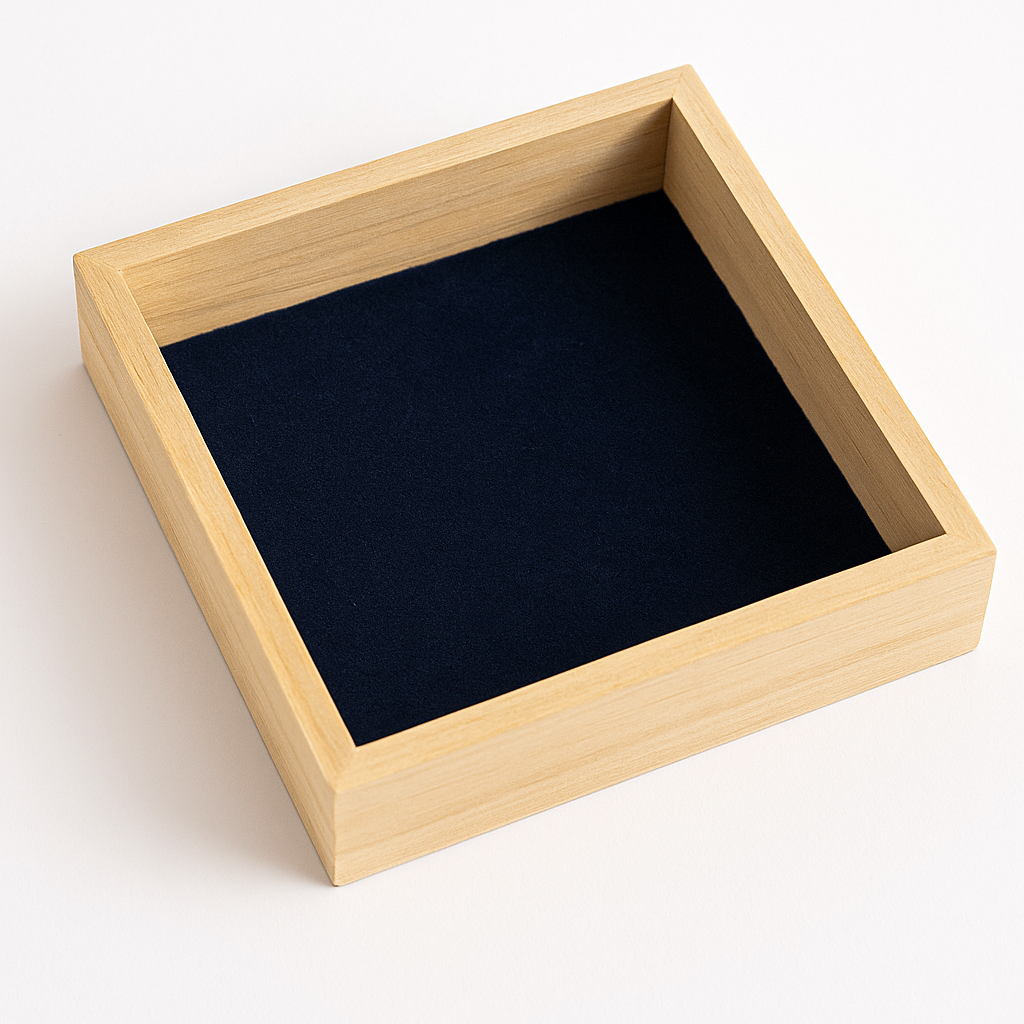 A close-up of a wooden jewelry box lined with navy blue velvet on a clean white background, showcasing the smooth texture and precise craftsmanship with a subtle Ontheway watermark.