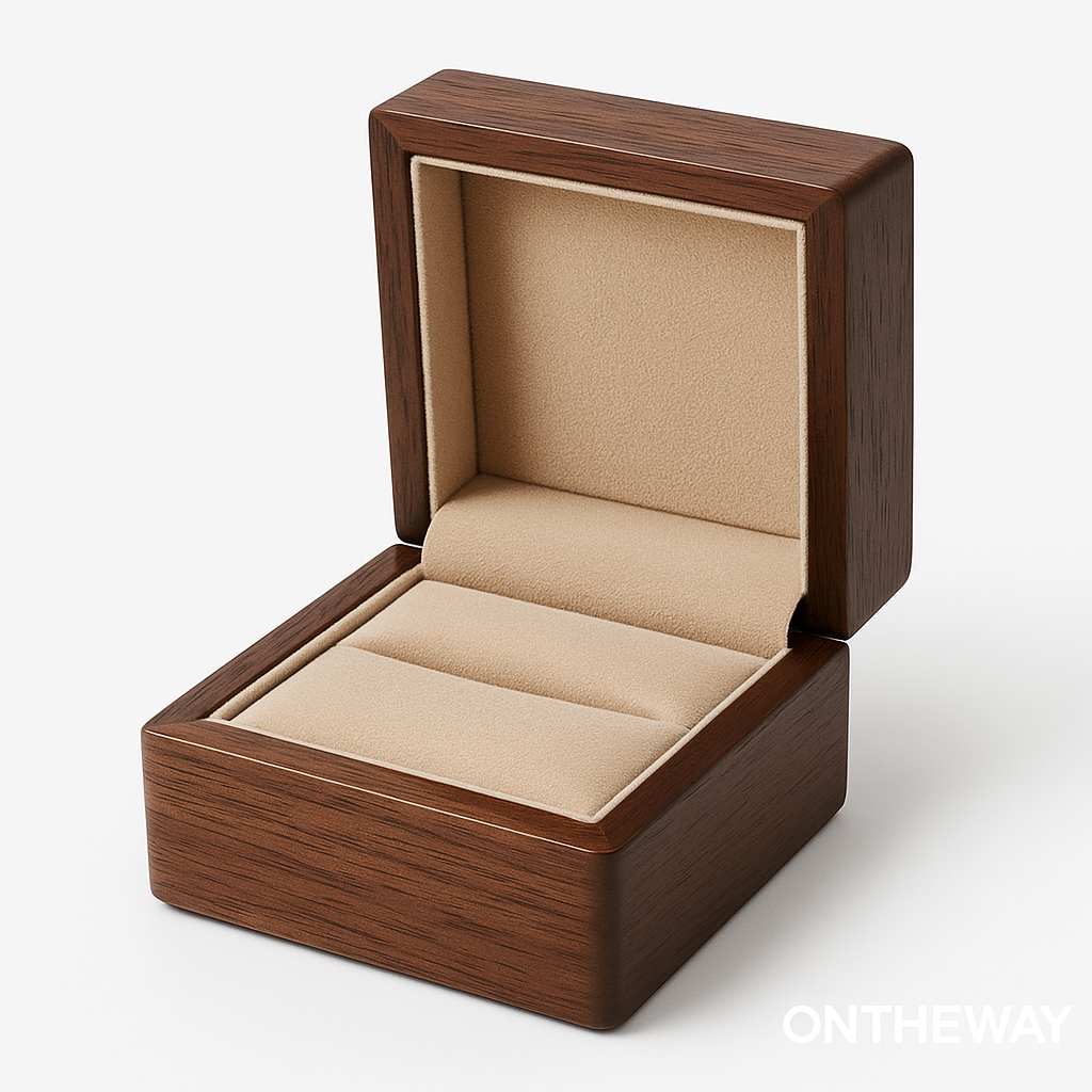 Luxury walnut wooden jewelry packaging box with a beige velvet interior, designed to enhance jewelry presentation, protection, and premium unboxing experience.