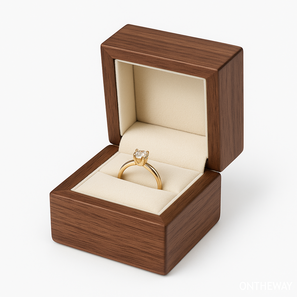 Elegant walnut wooden ring box with a cream velvet interior, designed for premium ring presentation and high-quality wholesale jewelry packaging.