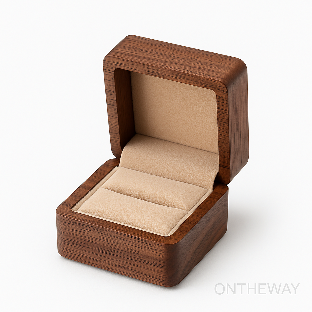 Premium walnut wooden ring box with a beige velvet interior, designed for wholesale jewelry packaging and engagement ring presentation.