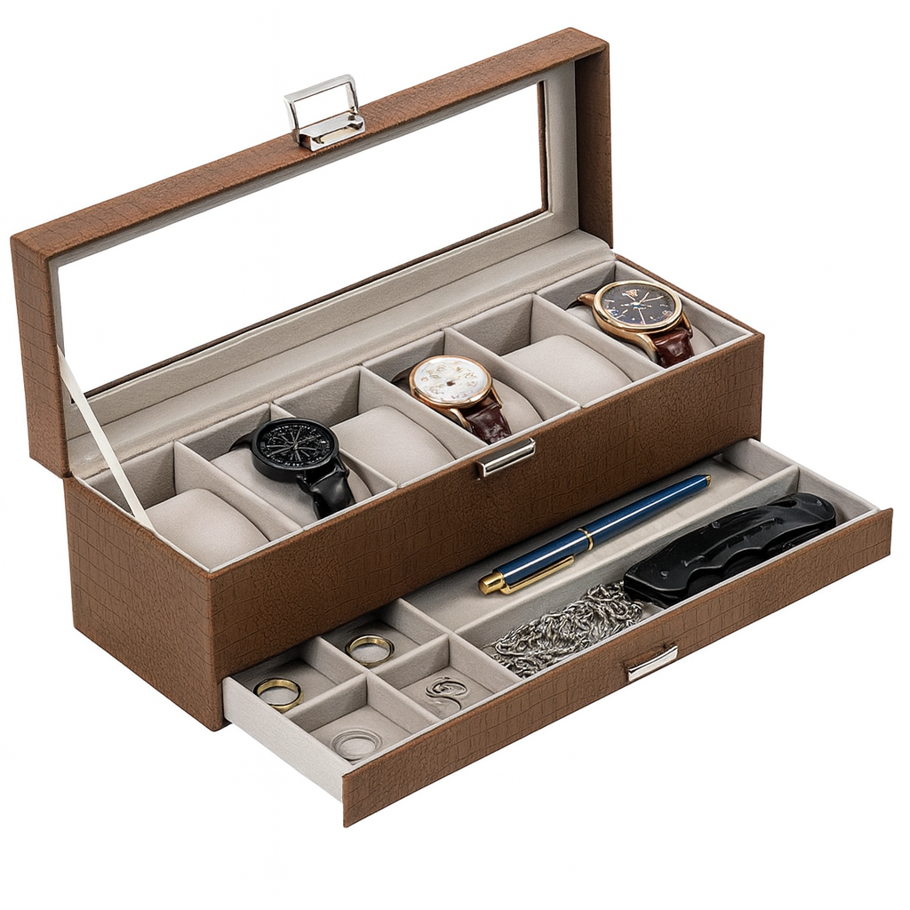 Designed specifically for leather jewelry boxes, it offers ample compartmental space for watches, bracelets, and cufflinks.