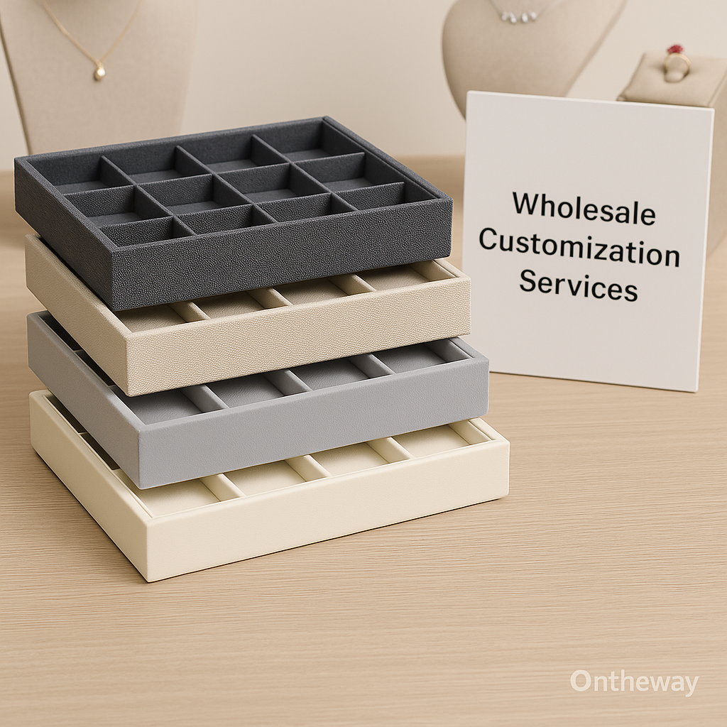 A digital photograph showcases four rectangular jewelry display trays in dark gray, beige, light gray, and cream, stacked on a wooden surface beside a sign reading “Wholesale Customization Services,” with necklace and ring displays in the background and a subtle Ontheway watermark.