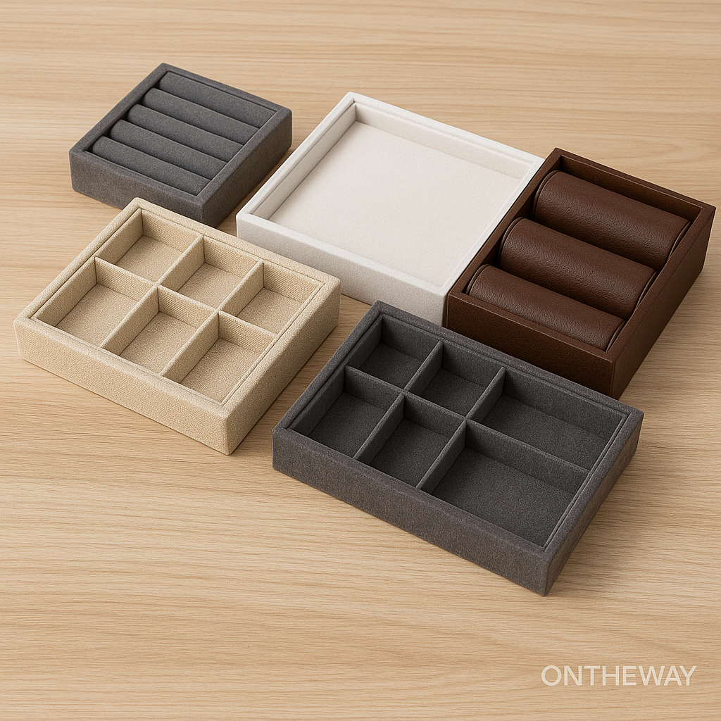 A photograph displays five ONTHEWAY-branded jewelry display trays arranged on a light wooden surface, featuring beige linen, gray velvet, white velvet, dark brown leatherette, and multi-compartment designs for rings, earrings, bracelets, and necklaces.