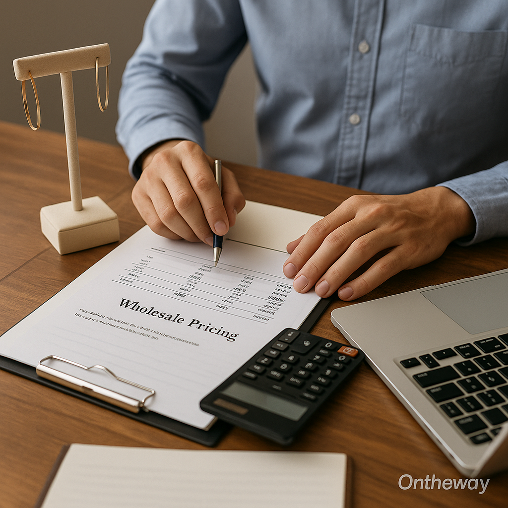A sales manager at Ontheway Packaging reviewing a wholesale pricing sheet for jewelry display sets with a calculator, pen, and laptop on a wooden desk, next to a gold earring display stand, representing MOQ planning and factory supply discussion.