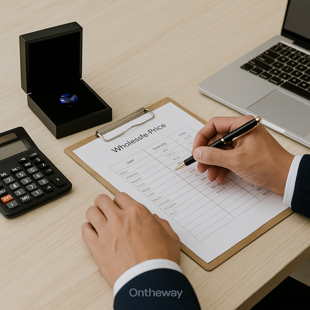 A sales manager at Ontheway Packaging reviewing gemstone jewelry display box wholesale prices with a pen, calculator, and laptop on a wooden desk, showing MOQ and supply planning in a professional business setting.