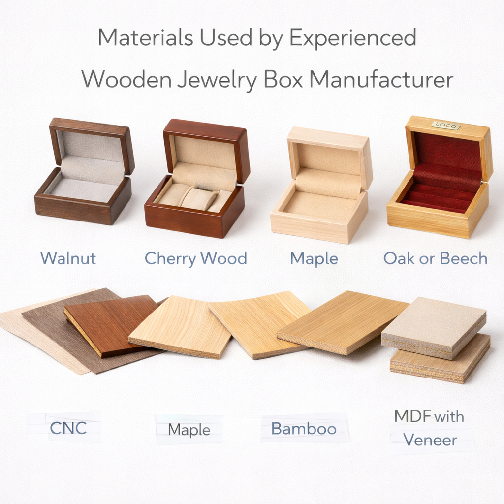 Walnut, cherry, maple, oak, bamboo, and veneer materials used by experienced wooden jewelry box manufacturer for OEM packaging production.