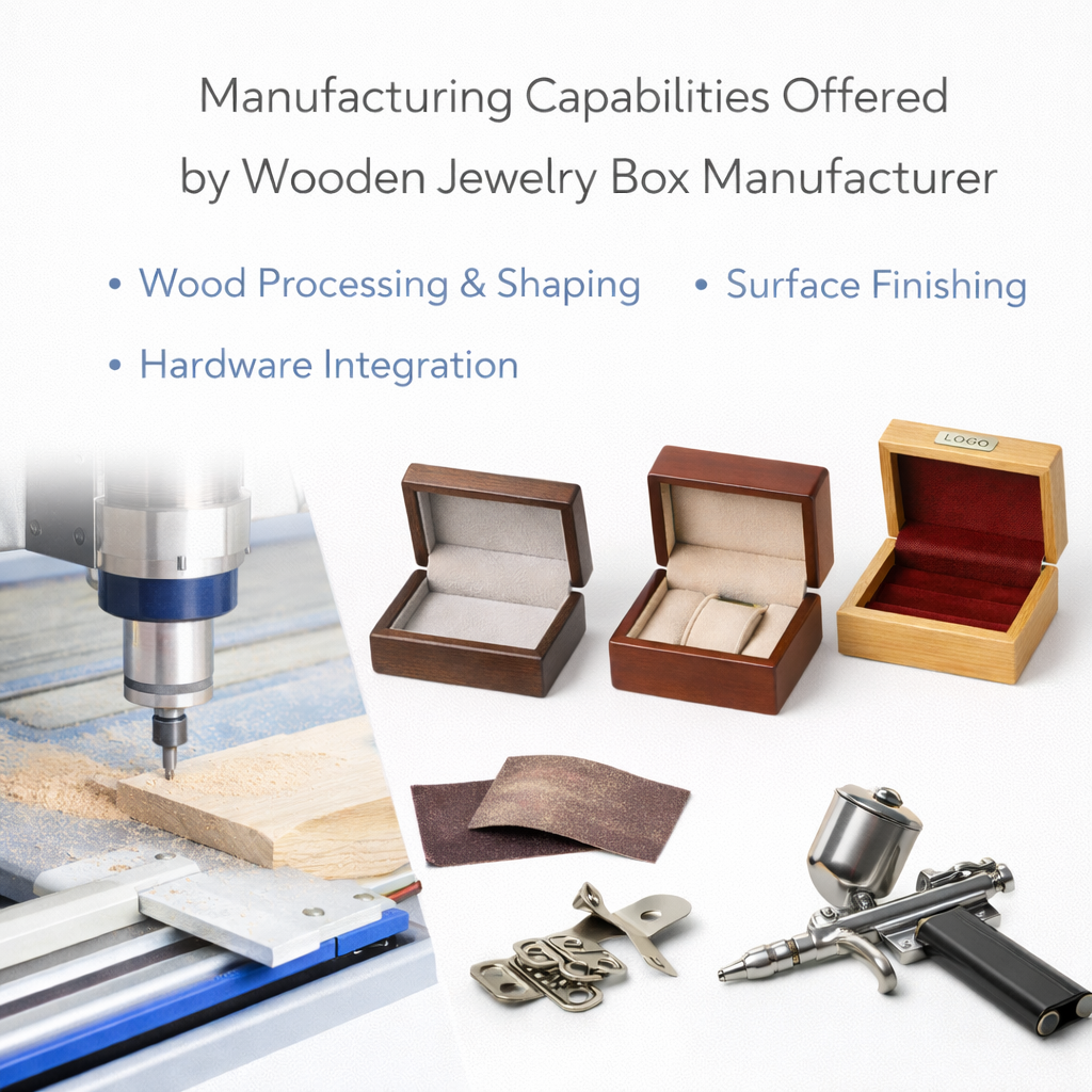 CNC wood processing, surface finishing, and hardware integration by professional wooden jewelry box manufacturer for OEM production.