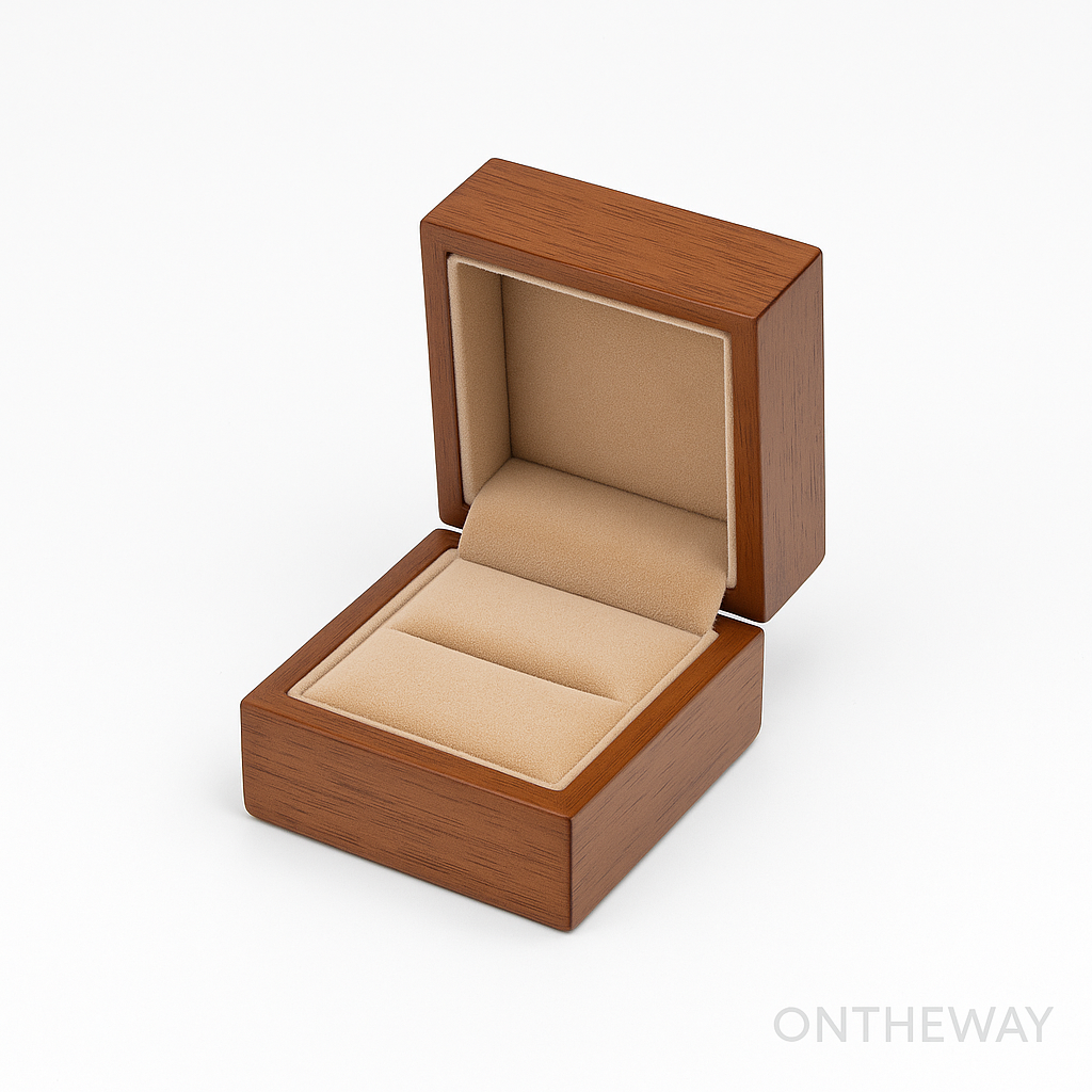 Square wooden jewelry packaging box with a beige velvet interior, designed for presenting and protecting premium jewelry pieces.