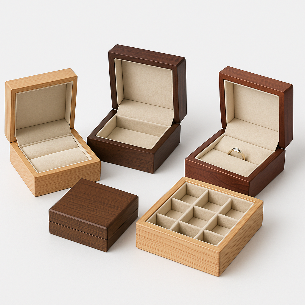 Set of wooden jewelry packaging boxes in different wood finishes, including walnut, cherry, and light oak, featuring ring slots, necklace inserts, and multi-grid interiors for versatile jewelry packaging needs.