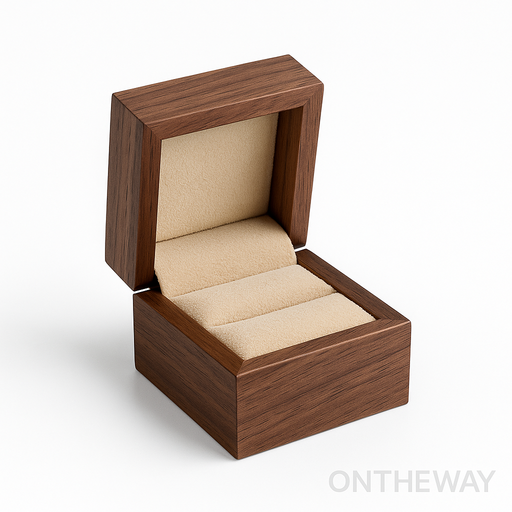 Open wooden ring box in walnut finish with a beige velvet interior, designed for wedding proposals, retail jewelry presentation, and wholesale packaging applications.
