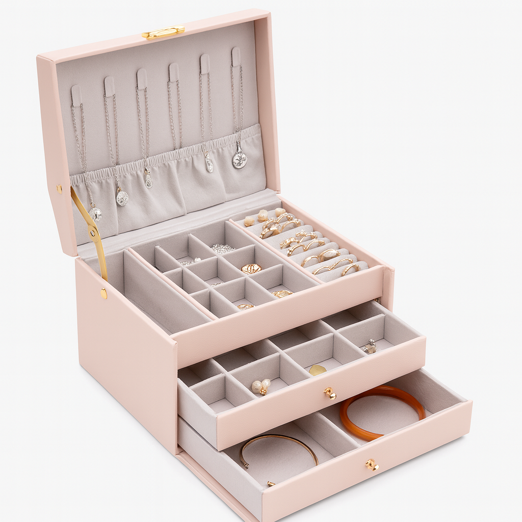 This drawer-style leather jewelry box features a multi-layered design and is lined with soft velvet, making it ideal for everyday home use and jewelry display.